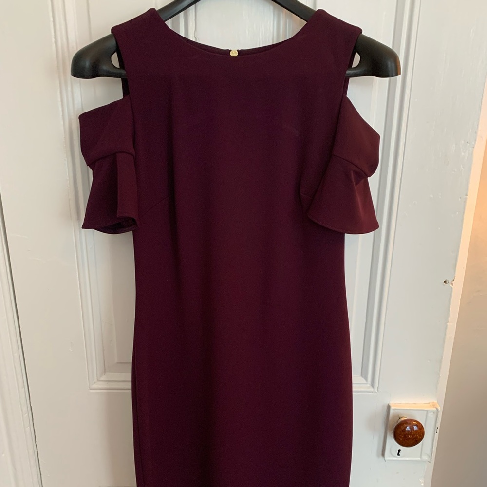 Deep purple open shoulder Calvin Klein dress